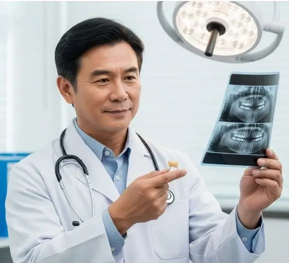 dentist showing x-ray with teeth