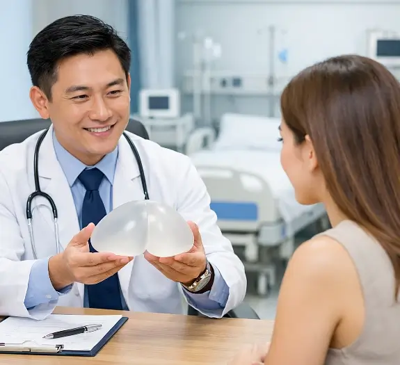 doctor presenting a silicone butt implant during a consultation in a thai hospital