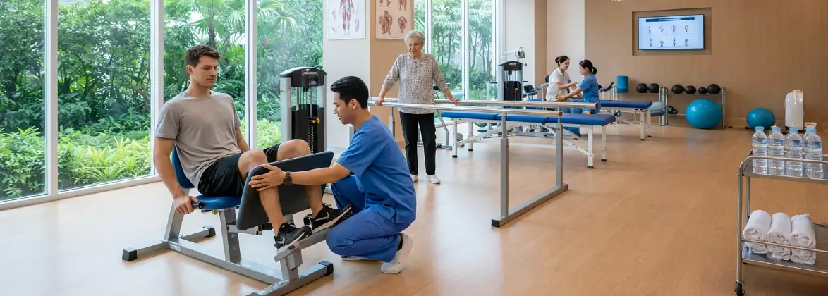 Patient receiving physiotherapy at a rehabilitation center in Thailand.