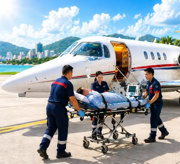 Air ambulance service Thailand – medical crew transferring patient