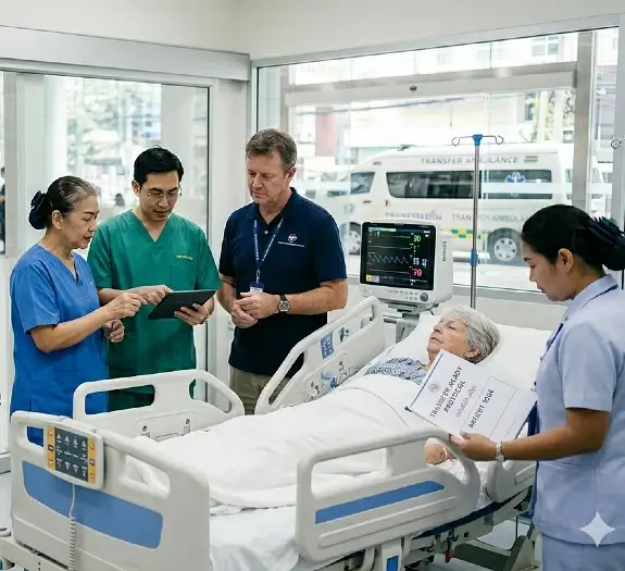 Medical team and coordinator preparing a patient for ICU-level transport between facilities