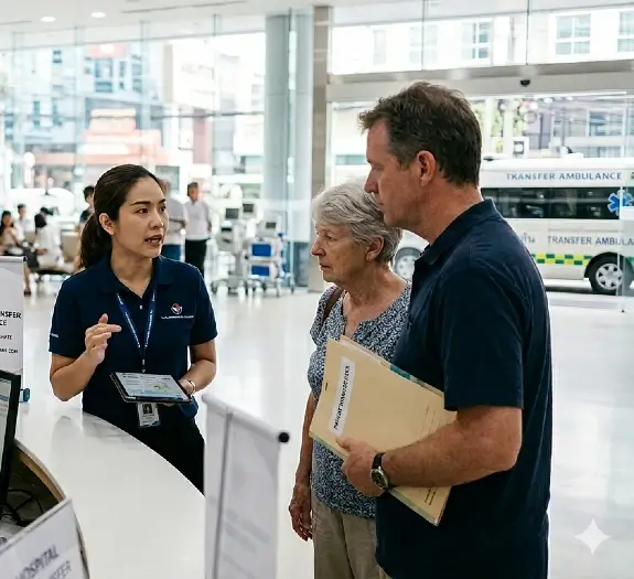 Thailand Medical Care coordinator assisting an international couple with hospital transfer paperwork