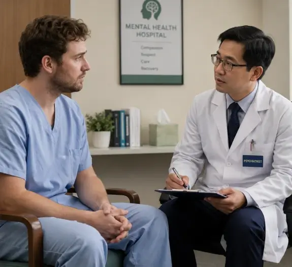 Western male patient consulting with Asian psychiatrist in a modern mental health hospital therapy room in Thailand