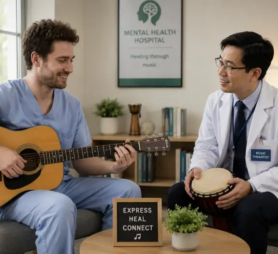 Western male patient participating in music therapy with Asian doctor at a mental health rehabilitation hospital in Thailand