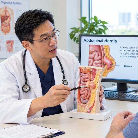 Surgeon explaining hernia anatomy with a medical model
