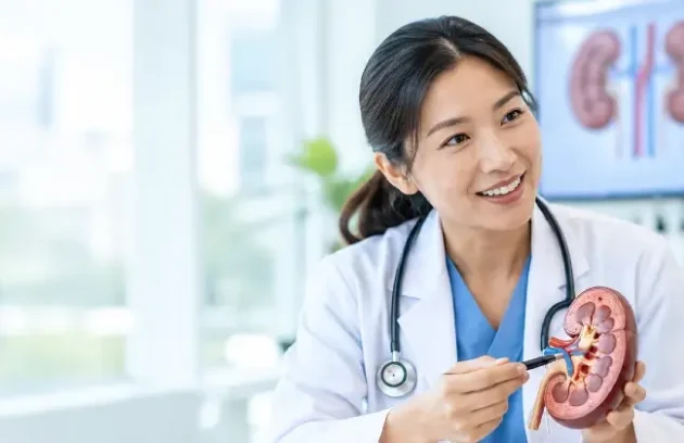 Asian doctor explaining kidney treatment using a medical kidney model