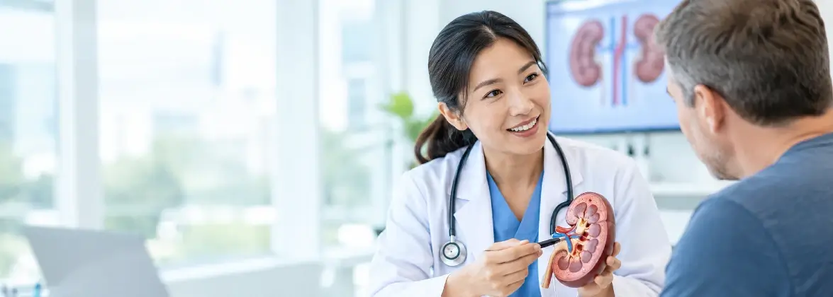 Asian doctor explaining kidney treatment using a medical kidney model