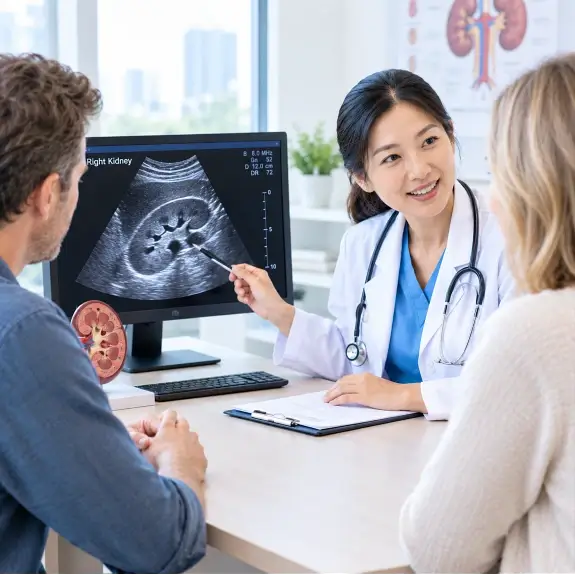 Doctor reviewing kidney ultrasound with two international patients